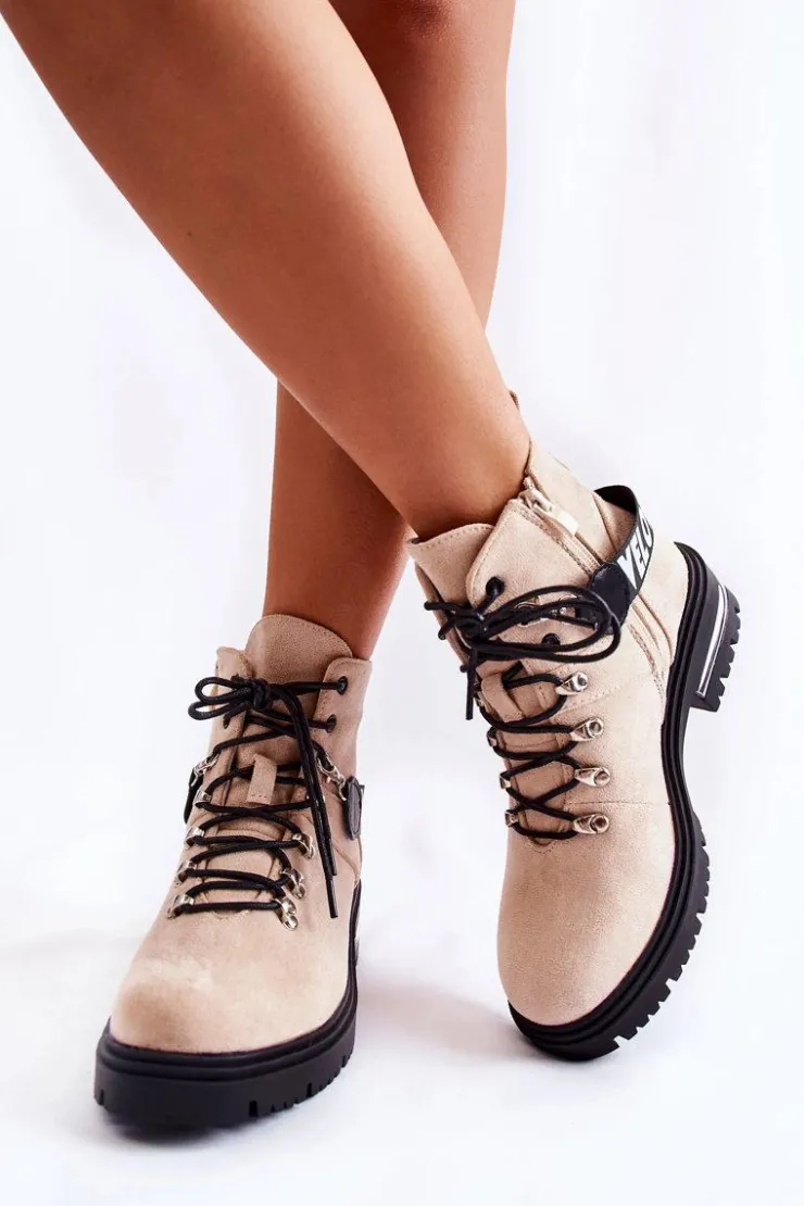 Boto Botki Ocieplane|Damskie Trapery*Zamszowe Ocieplane Botki Z Paskiem Beżowe Aurelio