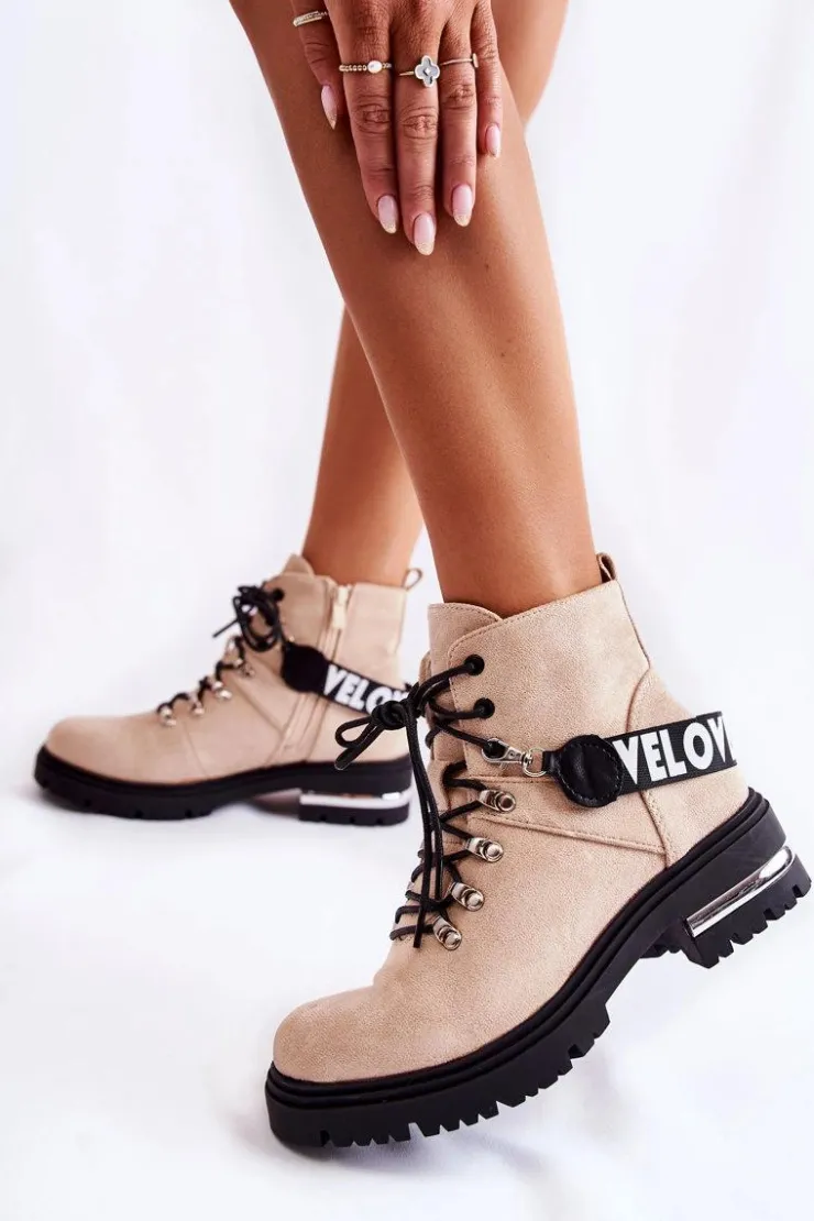 Boto Botki Ocieplane|Damskie Trapery*Zamszowe Ocieplane Botki Z Paskiem Beżowe Aurelio