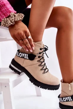 Boto Botki Ocieplane|Damskie Trapery*Zamszowe Ocieplane Botki Z Paskiem Beżowe Aurelio