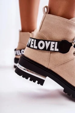 Boto Botki Ocieplane|Damskie Trapery*Zamszowe Ocieplane Botki Z Paskiem Beżowe Aurelio