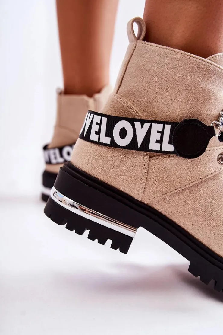 Boto Botki Ocieplane|Damskie Trapery*Zamszowe Ocieplane Botki Z Paskiem Beżowe Aurelio