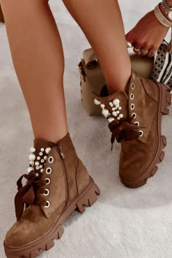 Damskie Boto Zamszowe Ocieplane Botki Z Perłami Brązowe Roco