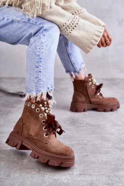 Damskie Boto Zamszowe Ocieplane Botki Z Perłami Brązowe Roco