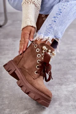 Damskie Boto Zamszowe Ocieplane Botki Z Perłami Brązowe Roco