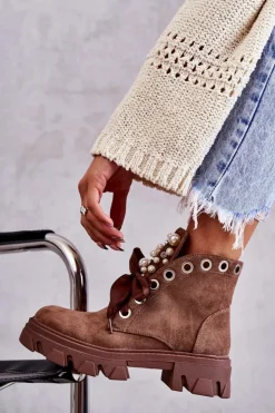 Damskie Boto Zamszowe Ocieplane Botki Z Perłami Brązowe Roco