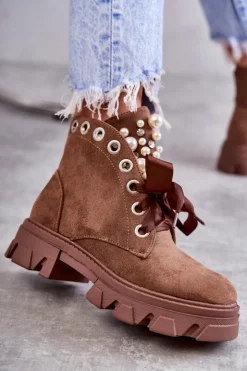 Damskie Boto Zamszowe Ocieplane Botki Z Perłami Brązowe Roco