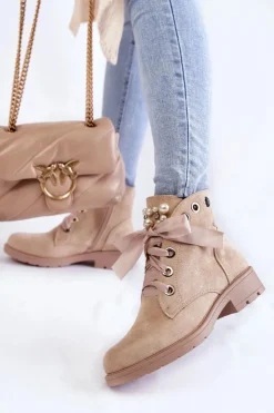 Damskie Boto Zamszowe Ocieplane Botki Na Suwak Z Perłami Beżowe Raiso