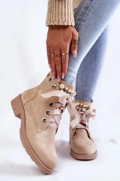 Damskie Boto Zamszowe Ocieplane Botki Na Suwak Z Perłami Beżowe Raiso