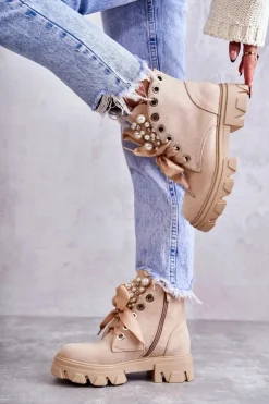 Boto Zamszowe Ocieplane Botki Z Perłami Beżowe Roco