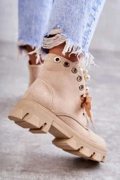 Boto Zamszowe Ocieplane Botki Z Perłami Beżowe Roco