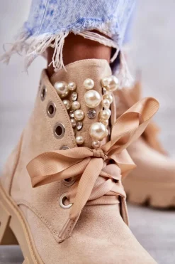 Boto Zamszowe Ocieplane Botki Z Perłami Beżowe Roco