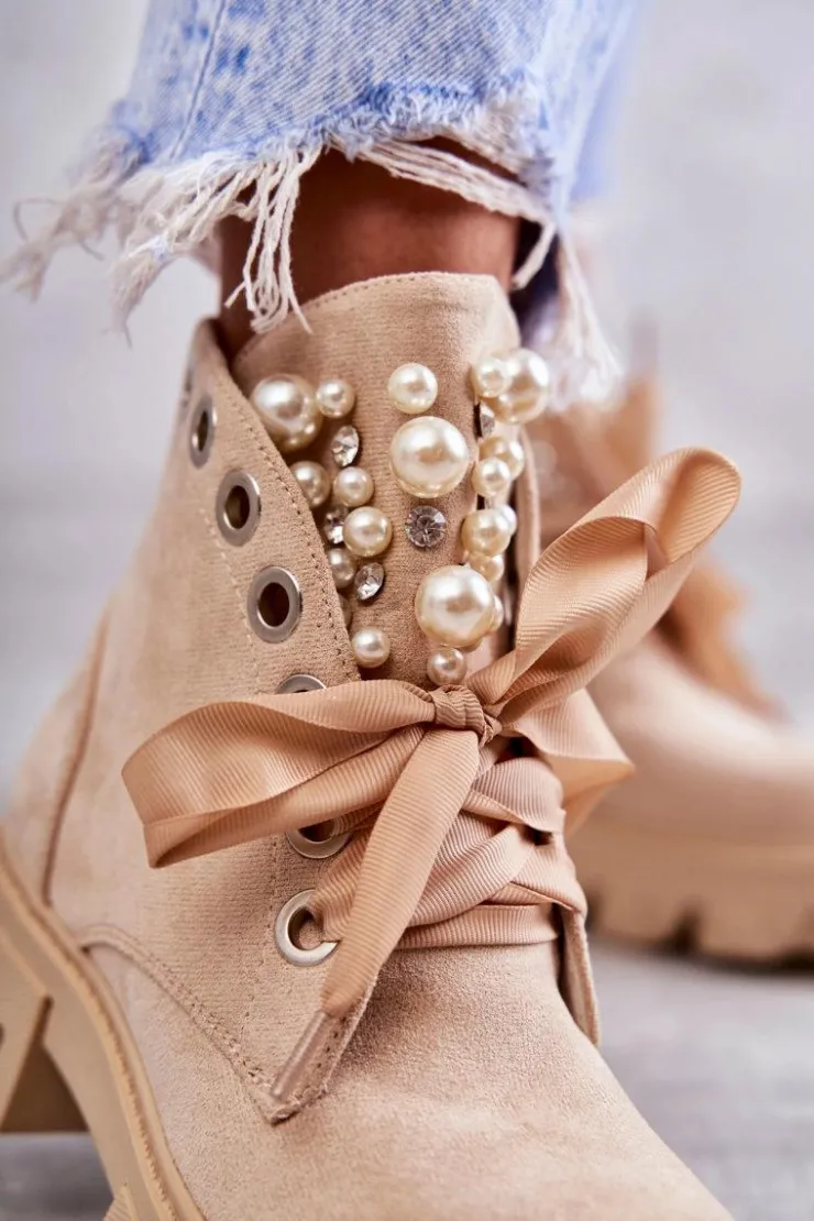 Boto Zamszowe Ocieplane Botki Z Perłami Beżowe Roco