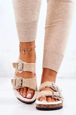 Damskie Boto Zamszowe Ocieplane Klapki Beżowe Adeline