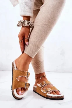 Boto Klapki Korkowe|Klapki Damskie Klasyczne*Zamszowe Ocieplane Klapki Camel Adeline