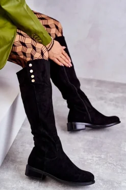 Damskie Damskie buty S.Barski Zamszowe Ocieplane Kozaki Na Płaskim Obcasie Czarne Laura