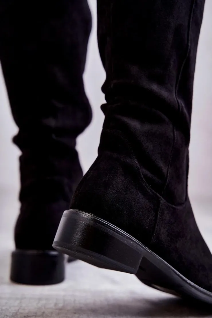 Damskie Damskie buty S.Barski Zamszowe Ocieplane Kozaki Na Płaskim Obcasie Czarne Laura