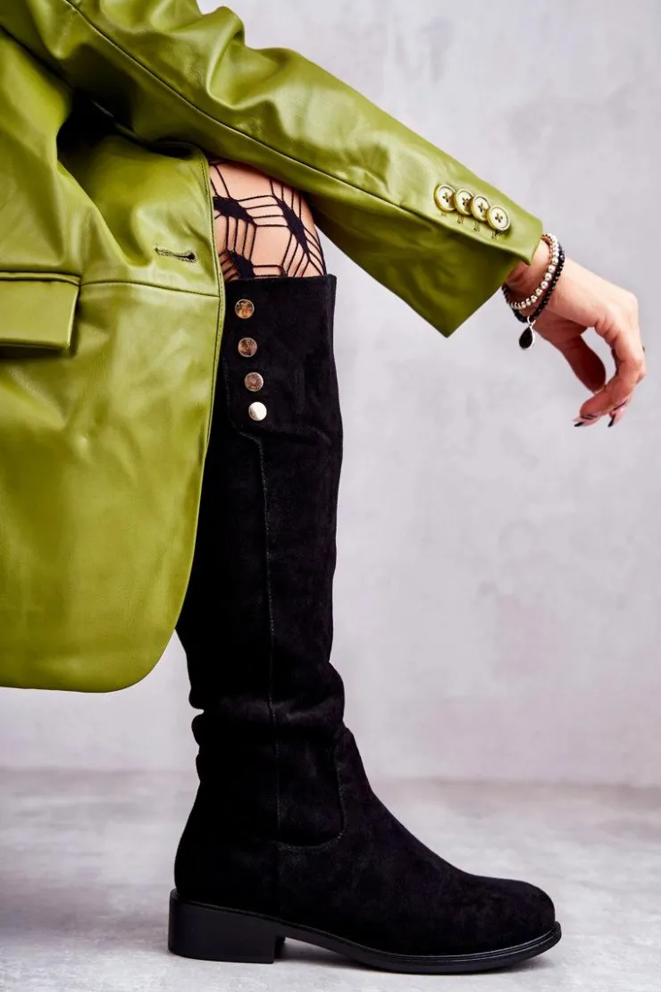 Damskie Damskie buty S.Barski Zamszowe Ocieplane Kozaki Na Płaskim Obcasie Czarne Laura