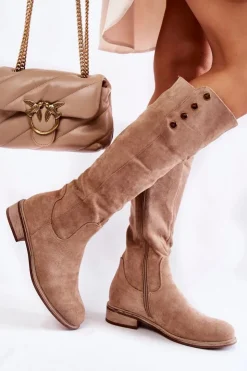 Damskie Damskie buty S.Barski Zamszowe Ocieplane Kozaki Na Płaskim Obcasie Beżowe Laura