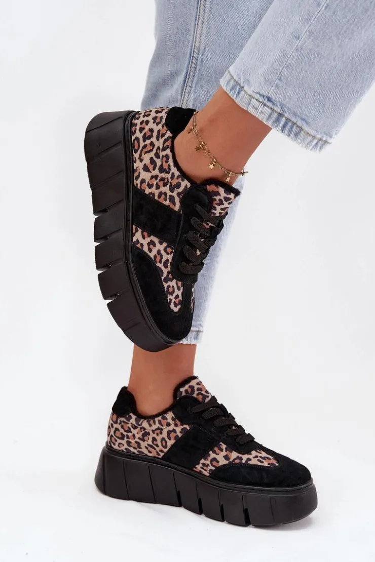 Buty damskie Vinceza Sneakersy Damskie*Zamszowe Ocieplane Sneakersy Damskie Na Masywnej Platformie Vinceza 66841 Panterka Czarne Czarny