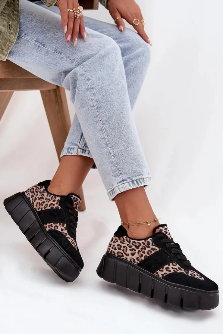 Buty damskie Vinceza Sneakersy Damskie*Zamszowe Ocieplane Sneakersy Damskie Na Masywnej Platformie Vinceza 66841 Panterka Czarne Czarny