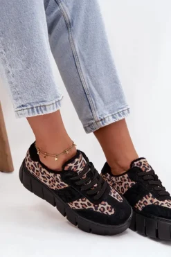 Buty damskie Vinceza Sneakersy Damskie*Zamszowe Ocieplane Sneakersy Damskie Na Masywnej Platformie Vinceza 66841 Panterka Czarne Czarny