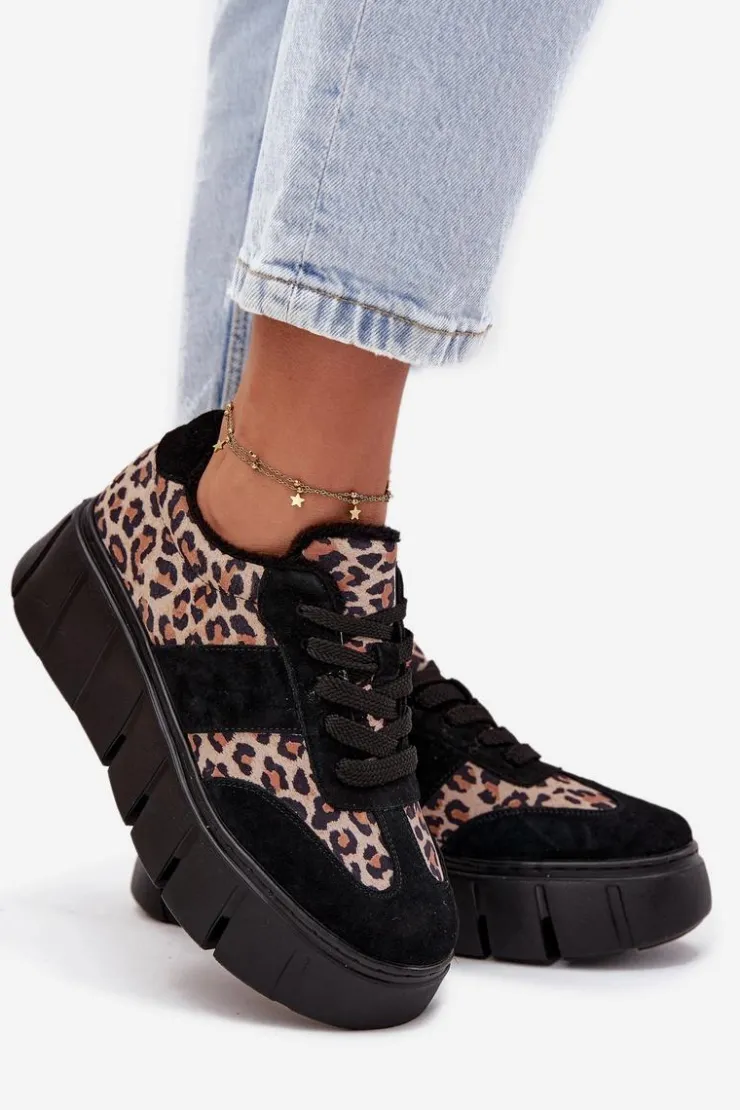 Buty damskie Vinceza Sneakersy Damskie*Zamszowe Ocieplane Sneakersy Damskie Na Masywnej Platformie Vinceza 66841 Panterka Czarne Czarny