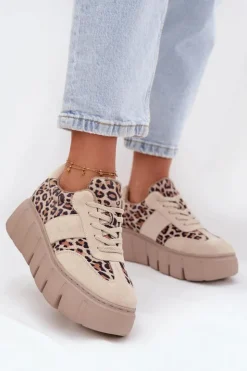Outlet Buty damskie Vinceza Zamszowe Ocieplane Sneakersy Damskie Na Masywnej Platformie Vinceza 66841 Panterka Beżowe Beżowy