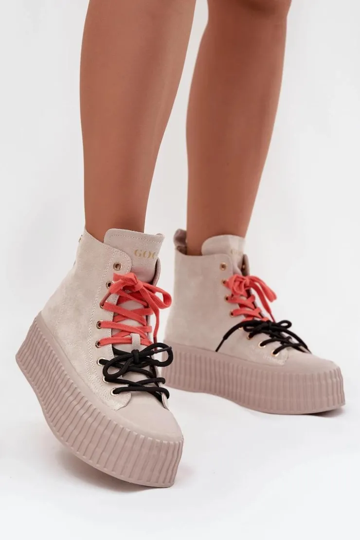 GOE Trampki Damskie Wysokie*Zamszowe Ocieplane Trampki Damskie Na Masywnej Platformie SS2N4047 Beżowe Beżowy