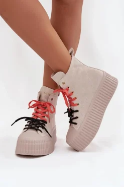 GOE Trampki Damskie Wysokie*Zamszowe Ocieplane Trampki Damskie Na Masywnej Platformie SS2N4047 Beżowe Beżowy