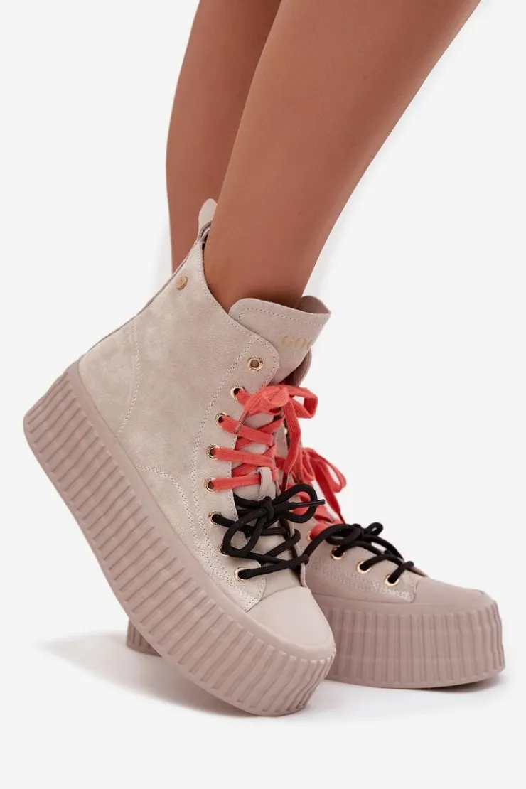 GOE Trampki Damskie Wysokie*Zamszowe Ocieplane Trampki Damskie Na Masywnej Platformie SS2N4047 Beżowe Beżowy