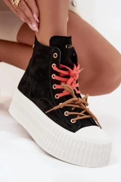 Best GOE Zamszowe Ocieplane Trampki Damskie Na Masywnej Platformie SS2N4046 Czarne Czarny