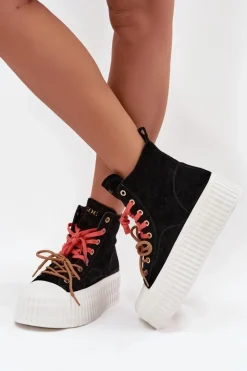 Best GOE Zamszowe Ocieplane Trampki Damskie Na Masywnej Platformie SS2N4046 Czarne Czarny