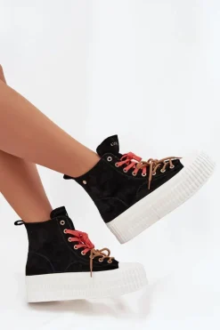 Best GOE Zamszowe Ocieplane Trampki Damskie Na Masywnej Platformie SS2N4046 Czarne Czarny