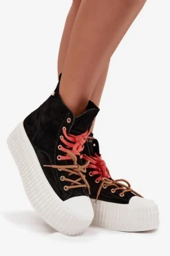 Best GOE Zamszowe Ocieplane Trampki Damskie Na Masywnej Platformie SS2N4046 Czarne Czarny