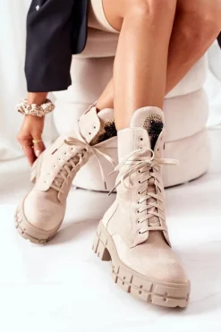 Damskie Boto Zamszowe Ocieplane Workery Z Kamieniami Beżowe Hadley