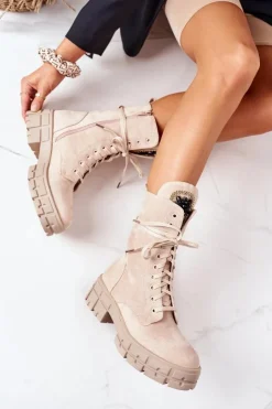 Damskie Boto Zamszowe Ocieplane Workery Z Kamieniami Beżowe Hadley