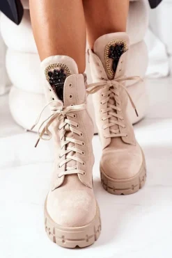 Damskie Boto Zamszowe Ocieplane Workery Z Kamieniami Beżowe Hadley