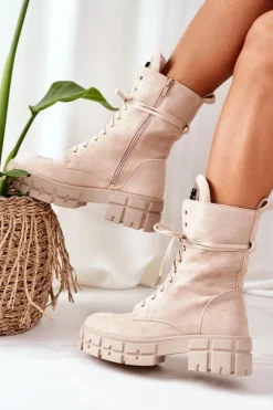 Damskie Boto Zamszowe Ocieplane Workery Z Kamieniami Beżowe Hadley