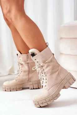 Damskie Boto Zamszowe Ocieplane Workery Z Kamieniami Beżowe Hadley