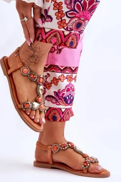 Boto Sandały Płaskie*Zamszowe Płaskie Sandały Z Kamieniami Pomarańczowe Dallas