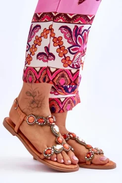 Boto Sandały Płaskie*Zamszowe Płaskie Sandały Z Kamieniami Pomarańczowe Dallas