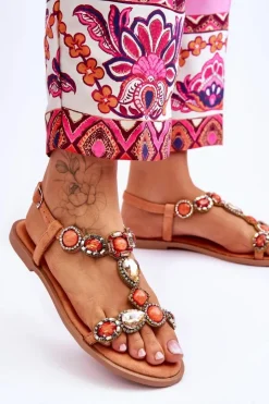 Boto Sandały Płaskie*Zamszowe Płaskie Sandały Z Kamieniami Pomarańczowe Dallas