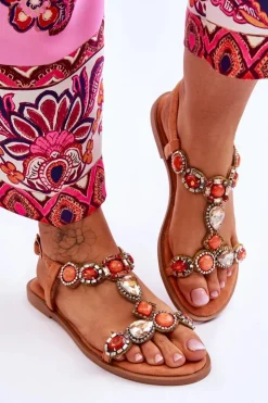 Boto Sandały Płaskie*Zamszowe Płaskie Sandały Z Kamieniami Pomarańczowe Dallas