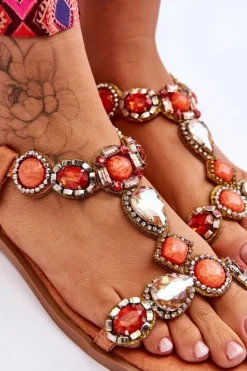 Boto Sandały Płaskie*Zamszowe Płaskie Sandały Z Kamieniami Pomarańczowe Dallas