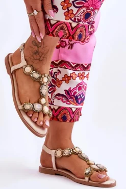 Damskie Boto Zamszowe Płaskie Sandały Z Kamieniami Beżowe Dallas