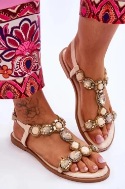 Damskie Boto Zamszowe Płaskie Sandały Z Kamieniami Beżowe Dallas