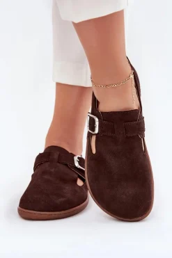 Zazoo Półbuty Skórzane|Barefoot*Zamszowe Półbuty Barefoot Damskie Z Klamrą N1261 Czekoladowe Brązowy