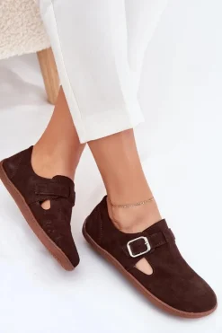 Zazoo Półbuty Skórzane|Barefoot*Zamszowe Półbuty Barefoot Damskie Z Klamrą N1261 Czekoladowe Brązowy