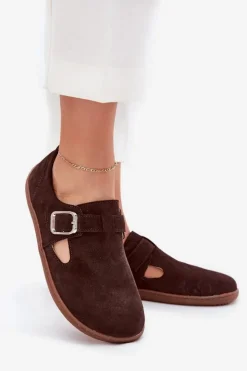 Zazoo Półbuty Skórzane|Barefoot*Zamszowe Półbuty Barefoot Damskie Z Klamrą N1261 Czekoladowe Brązowy