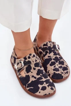 Zazoo Zamszowe Półbuty Barefoot Damskie Z Klamrą Łaty N1261 Brązowo-Beżowe Brązowy